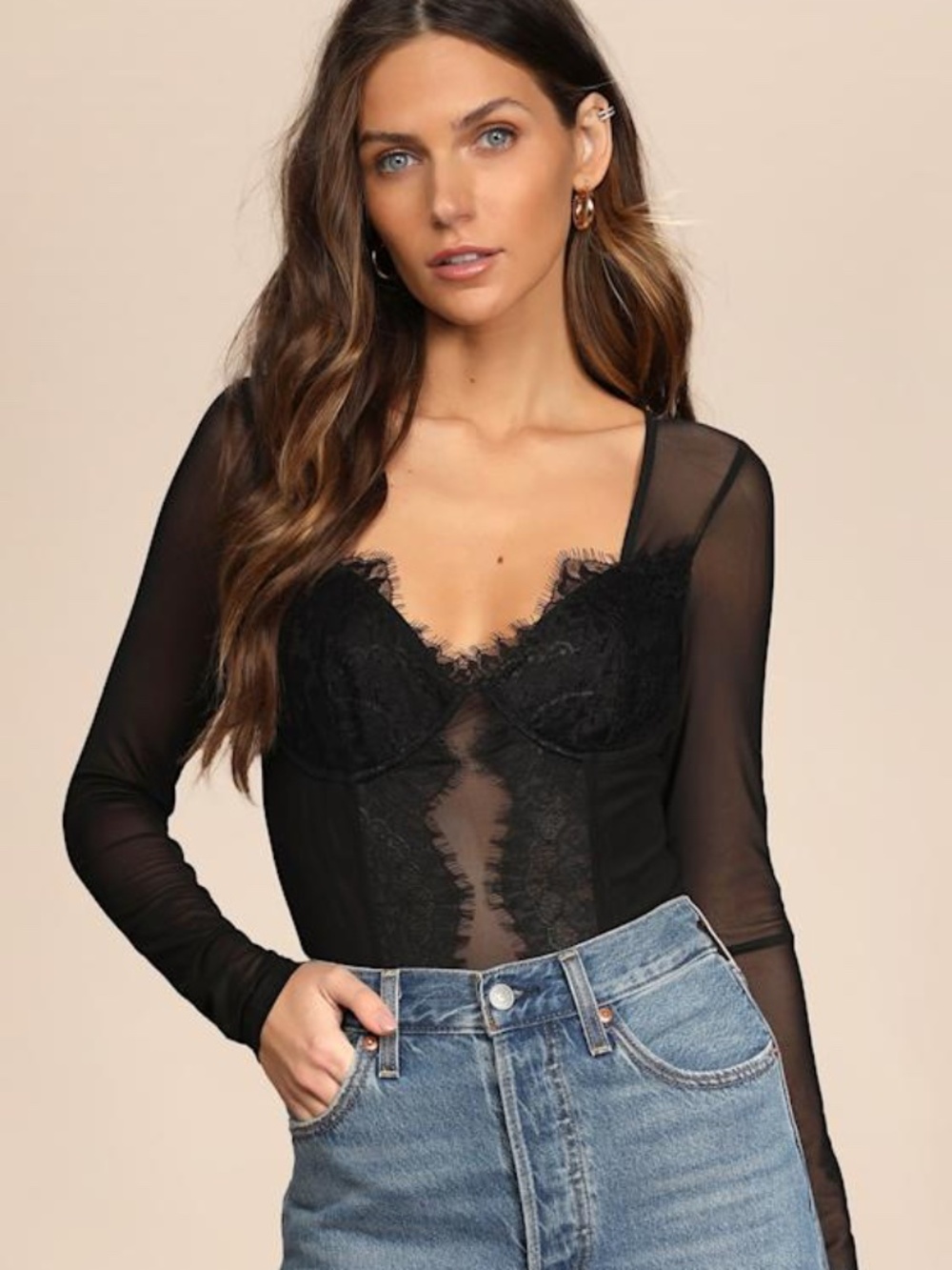 Lulus Stay Sultry Black Mesh Lace Long Sleeve Bodysuit - Size M